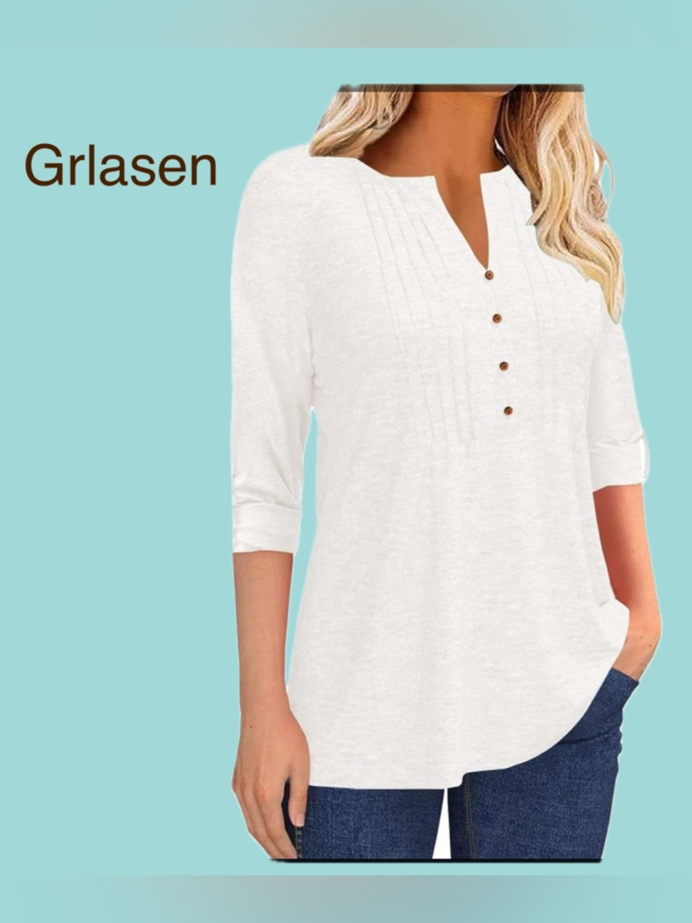 Women's Summer Pleated Button Short Sleeve T-Shirt Summer V-Neck White Tunic Top - Picture 2 of 10